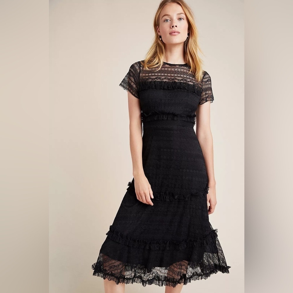 Anthropologie Vone Dashing Lace Midi Dress- Black‎ size 10